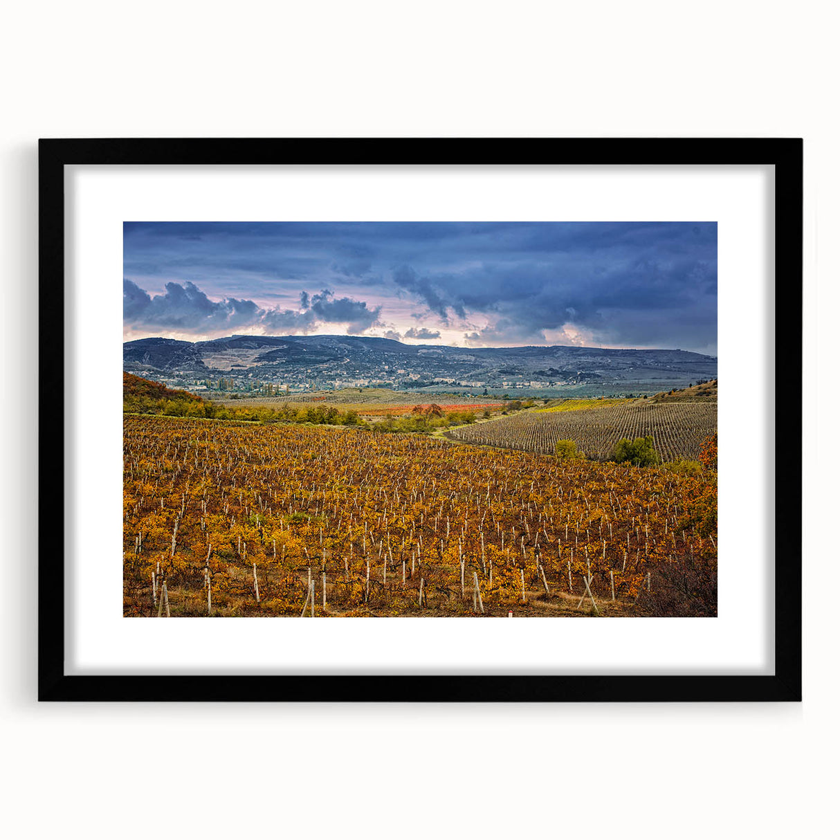 Extra large abstract art print depicting a textured, colorful California Sonoma landscape on a black framed canvas.
