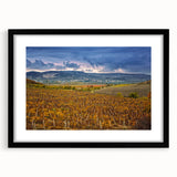 Extra large abstract art print depicting a textured, colorful California Sonoma landscape on a black framed canvas.