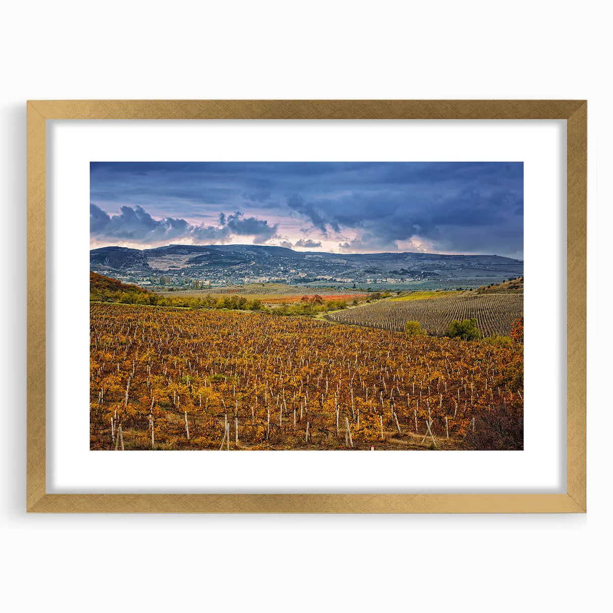 Extra large abstract art print of Sonoma, California landscape in muted earth tones on a textured canvas, framed in gold.