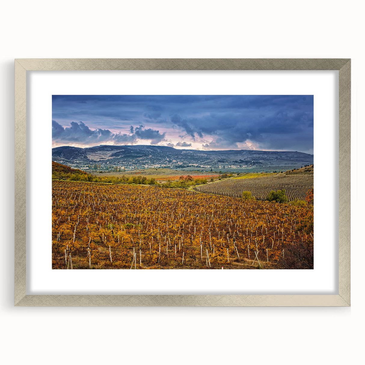 Textured abstract art print depicting Sonoma scenery, in muted earth tones on a framed canvas, suitable for bedroom decor.