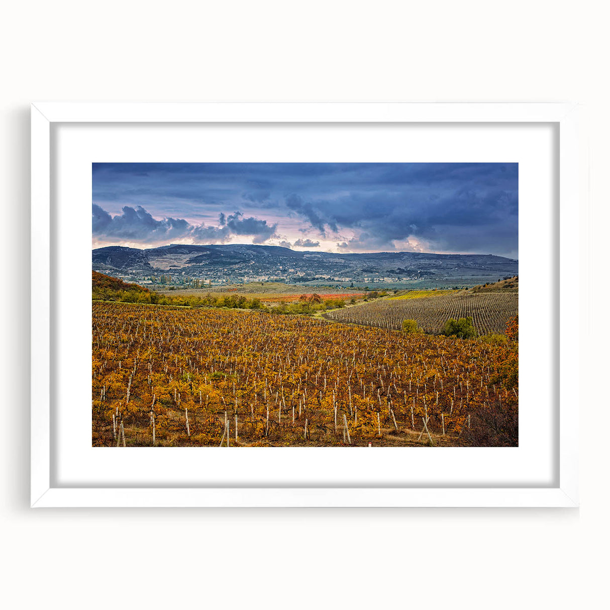 Abstract art print of Sonoma landscape in muted earth tones, white-framed with mat, ideal for dining room decor.