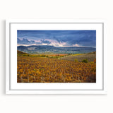 Abstract art print of Sonoma landscape in muted earth tones, white-framed with mat, ideal for dining room decor.