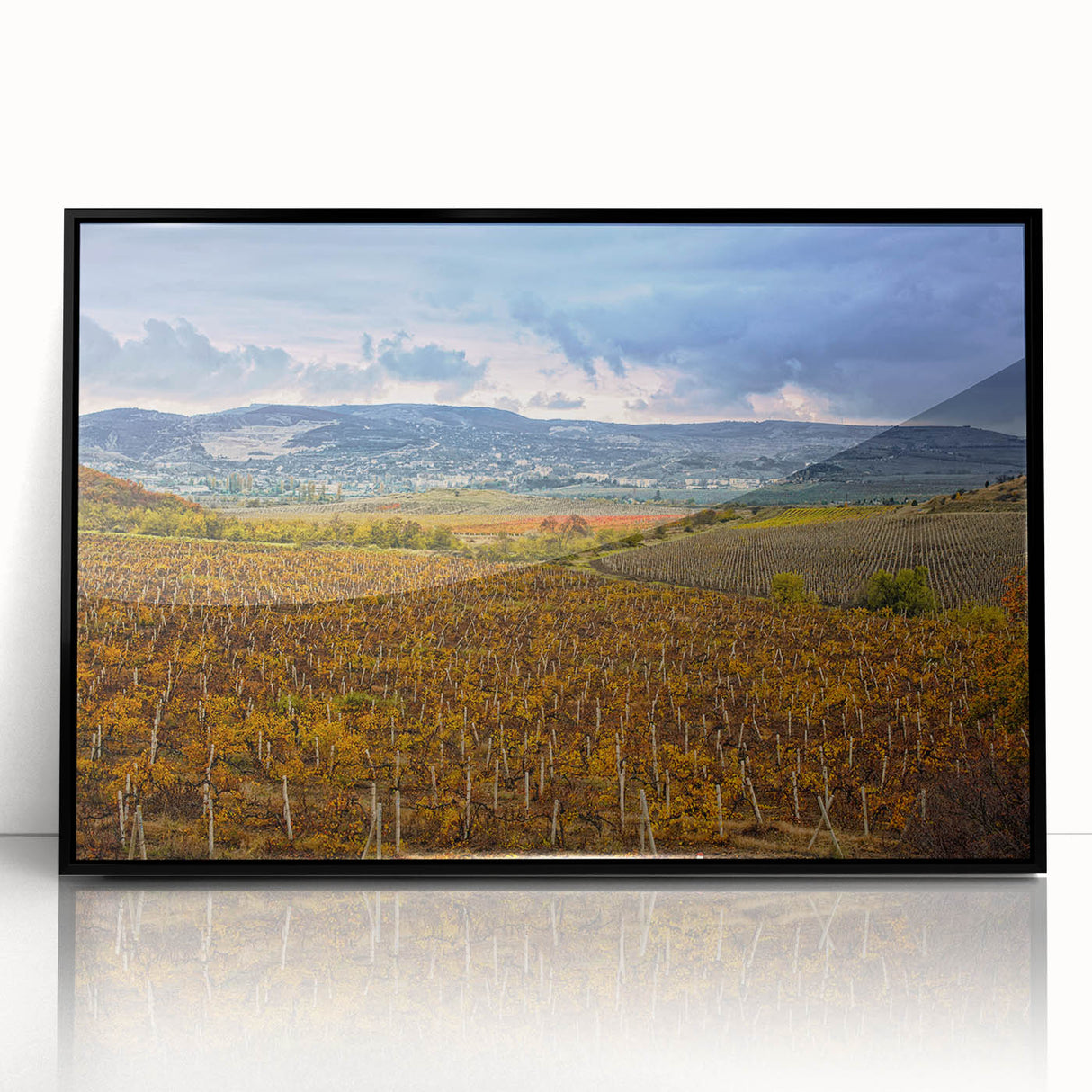 Large abstract wall art depicting Sonoma, California scenery in muted earth tones, framed in black acrylic.