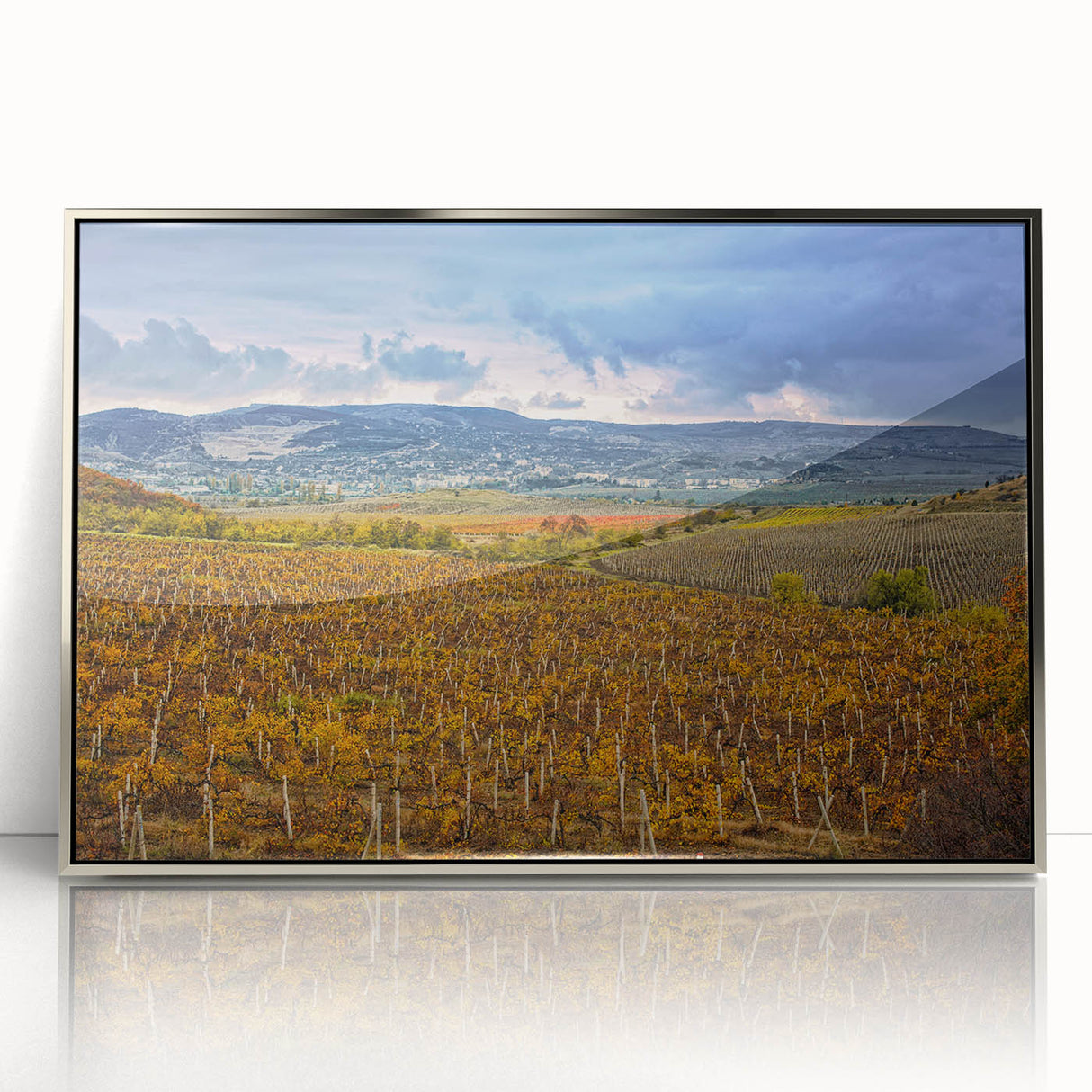 Mid-century modernist art of Sonoma, California landscape in muted earth tones on a silver-framed acrylic print.