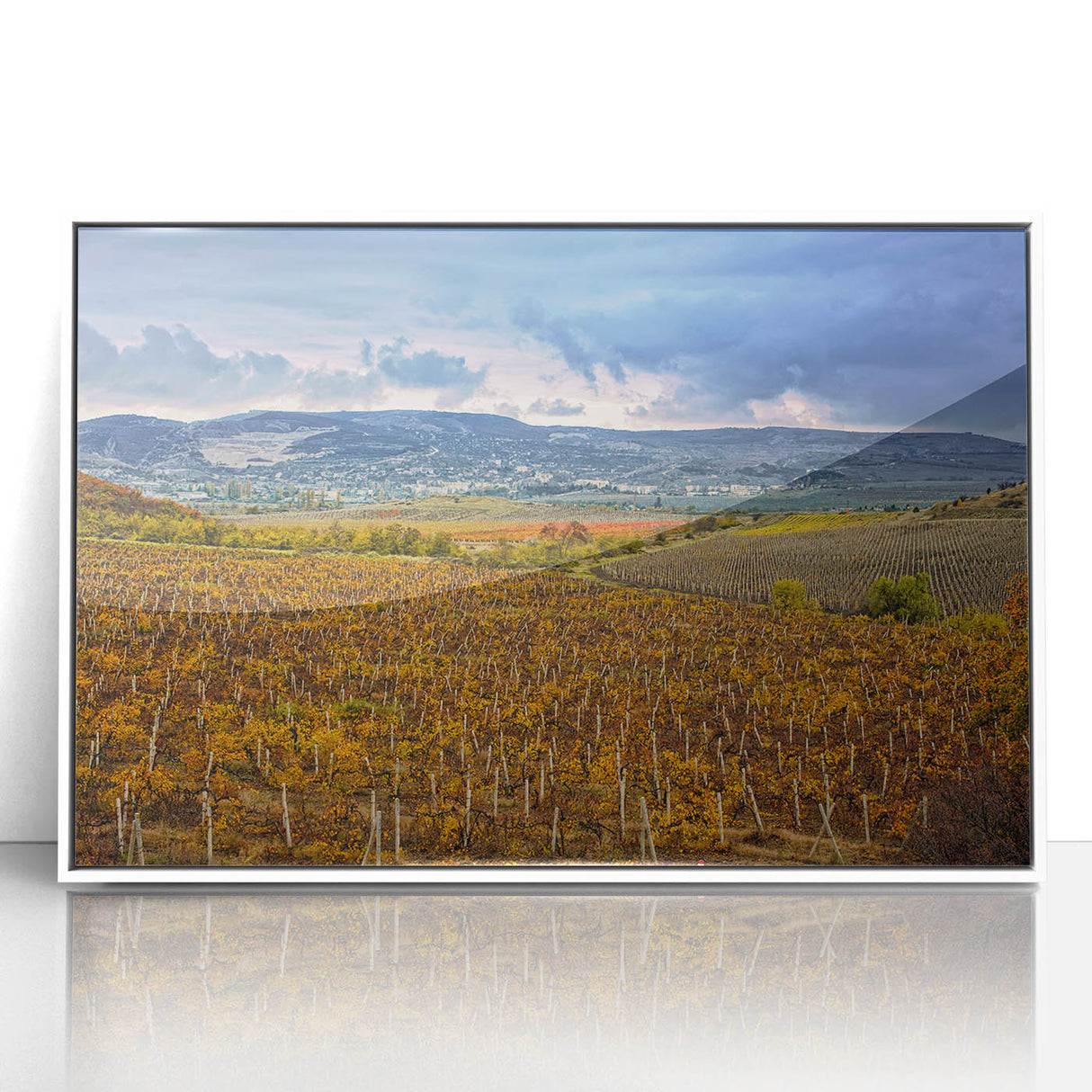 Art deco style poster depicting Sonoma, California scenery in soft pastel shades, framed in white acrylic.