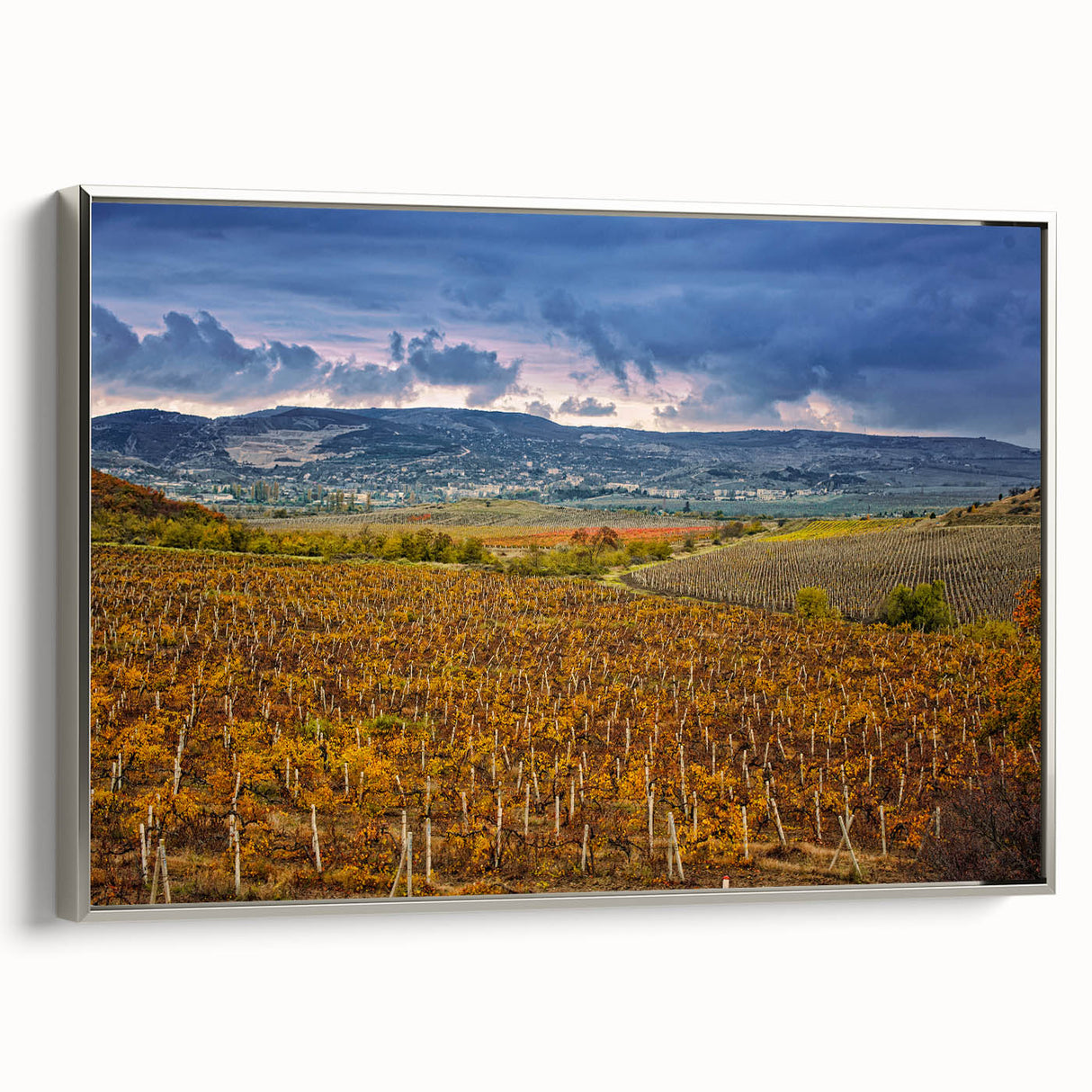 Framed canvas depicting a colorful landscape art painting of Sonoma, California, ideal for living room decor.