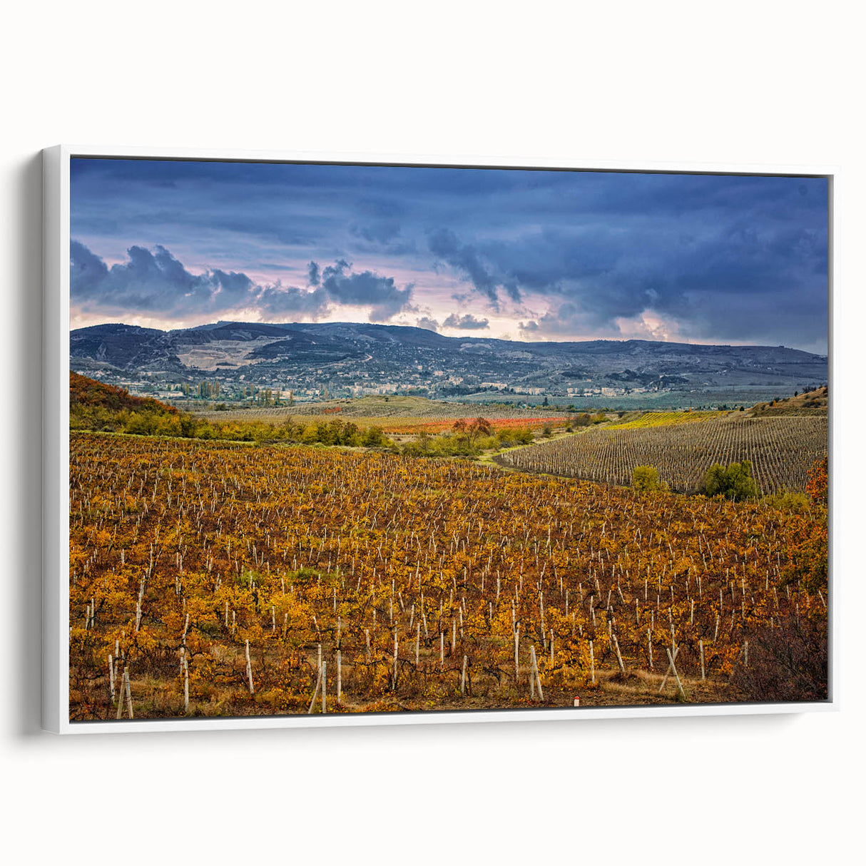 Framed canvas of a vintage-style Sonoma landscape painting in muted earth tones, ideal for bedroom wall art.