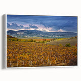 Framed canvas of a vintage-style Sonoma landscape painting in muted earth tones, ideal for bedroom wall art.