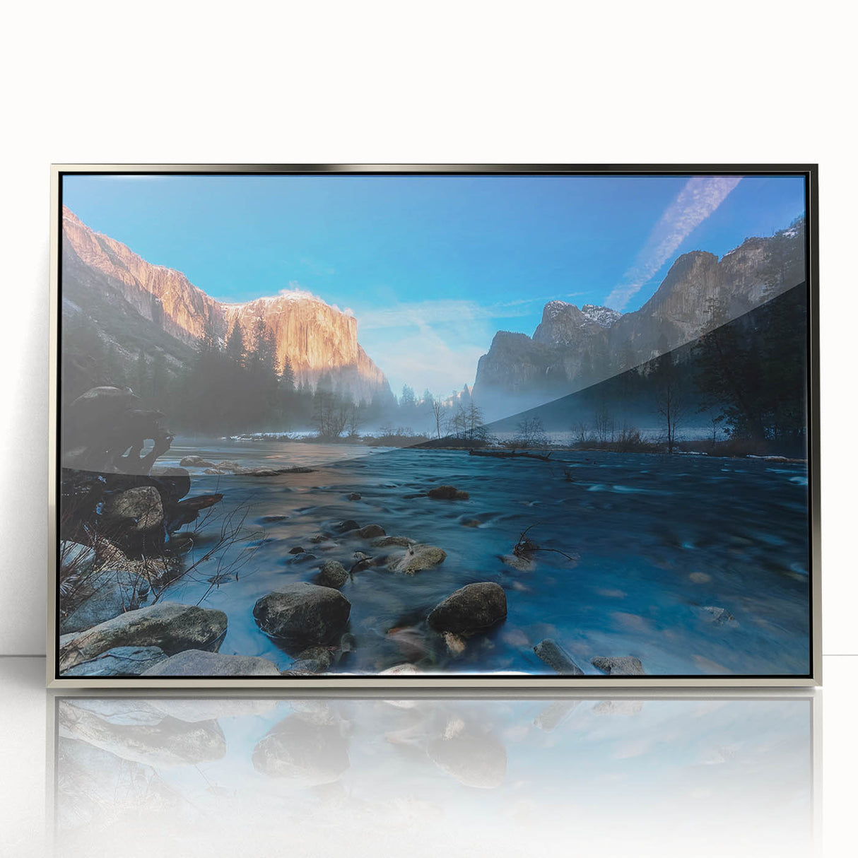Mid-century modernist art of Yosemite landscape in muted earth tones on a framed acrylic print.