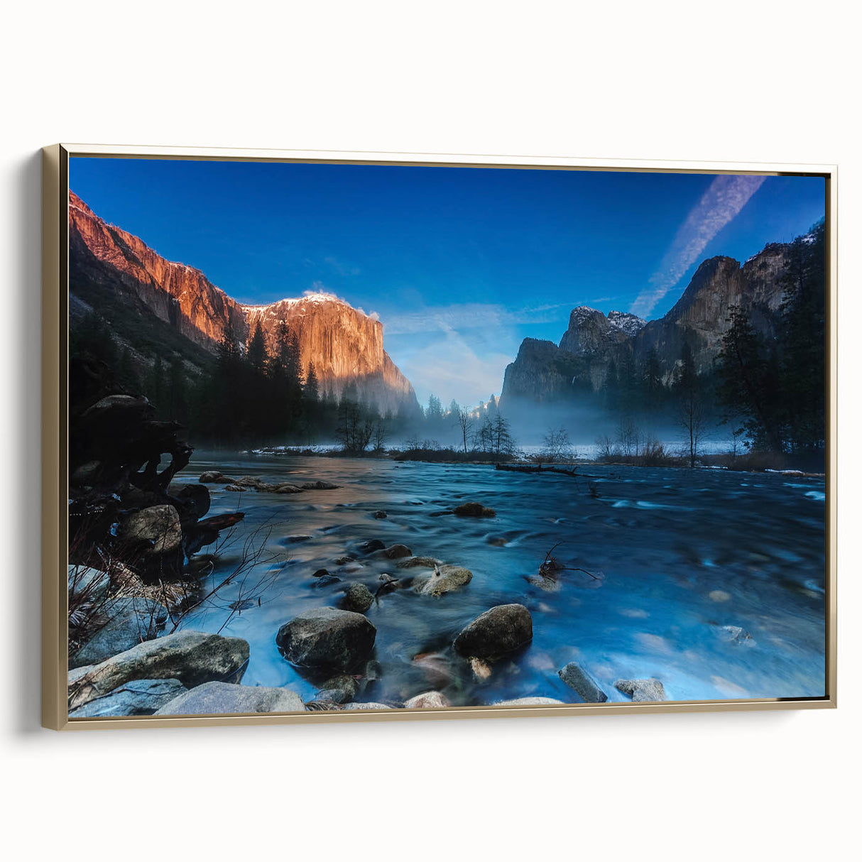 Framed canvas of Yosemite landscape in muted earth tones, ideal for bedroom wall art.