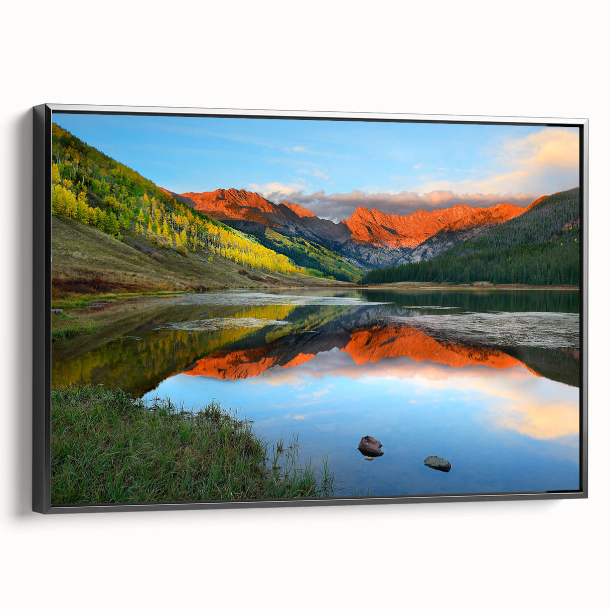 Black and white framed canvas of Vail, Colorado landscape, ideal for bedroom wall decor.