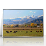 Acrylic print of Boulder, Colorado scenery in art deco style, with soft pastel colors, framed in white.