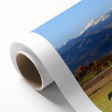 Art Deco poster of Boulder, Colorado scenery on rolled canvas, featuring muted earth tones, ideal for nursery wall art.