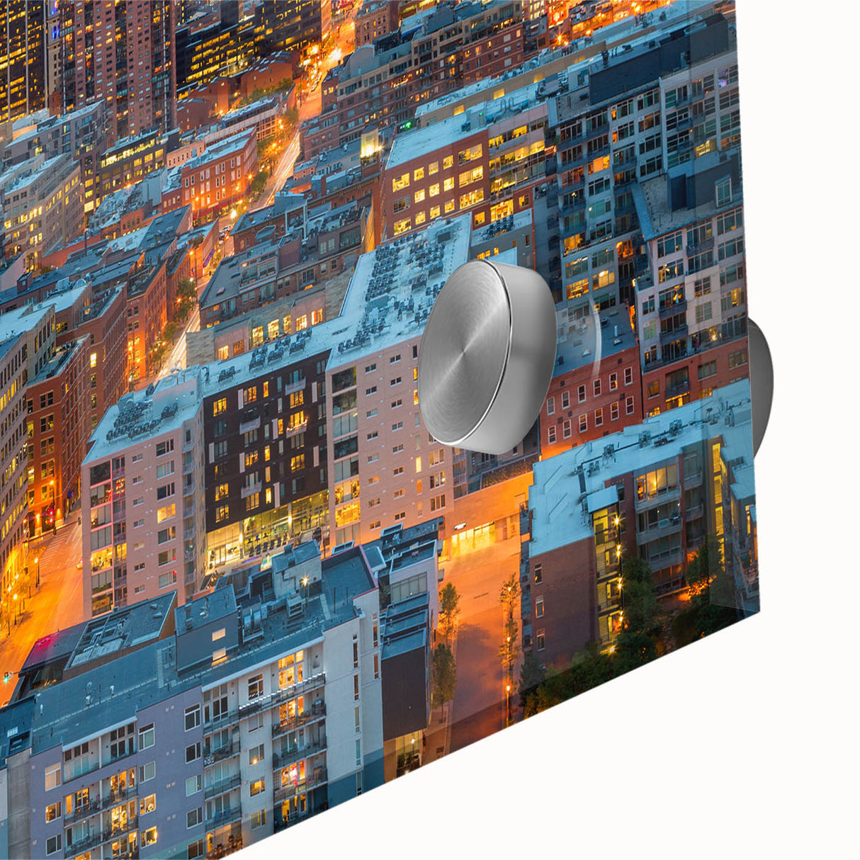 Large abstract depiction of Denver skyline in muted earth tones on acrylic glass, suitable for dining room art.