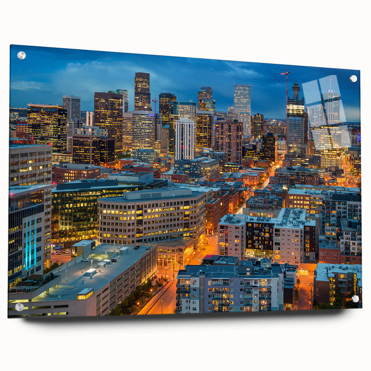 Acrylic print of a large abstract depiction of the Denver skyline, using muted blue and gray tones.
