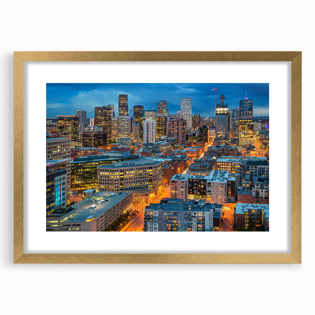Extra large abstract art print of Denver scenery in textured gold frame, ideal for living room decor.