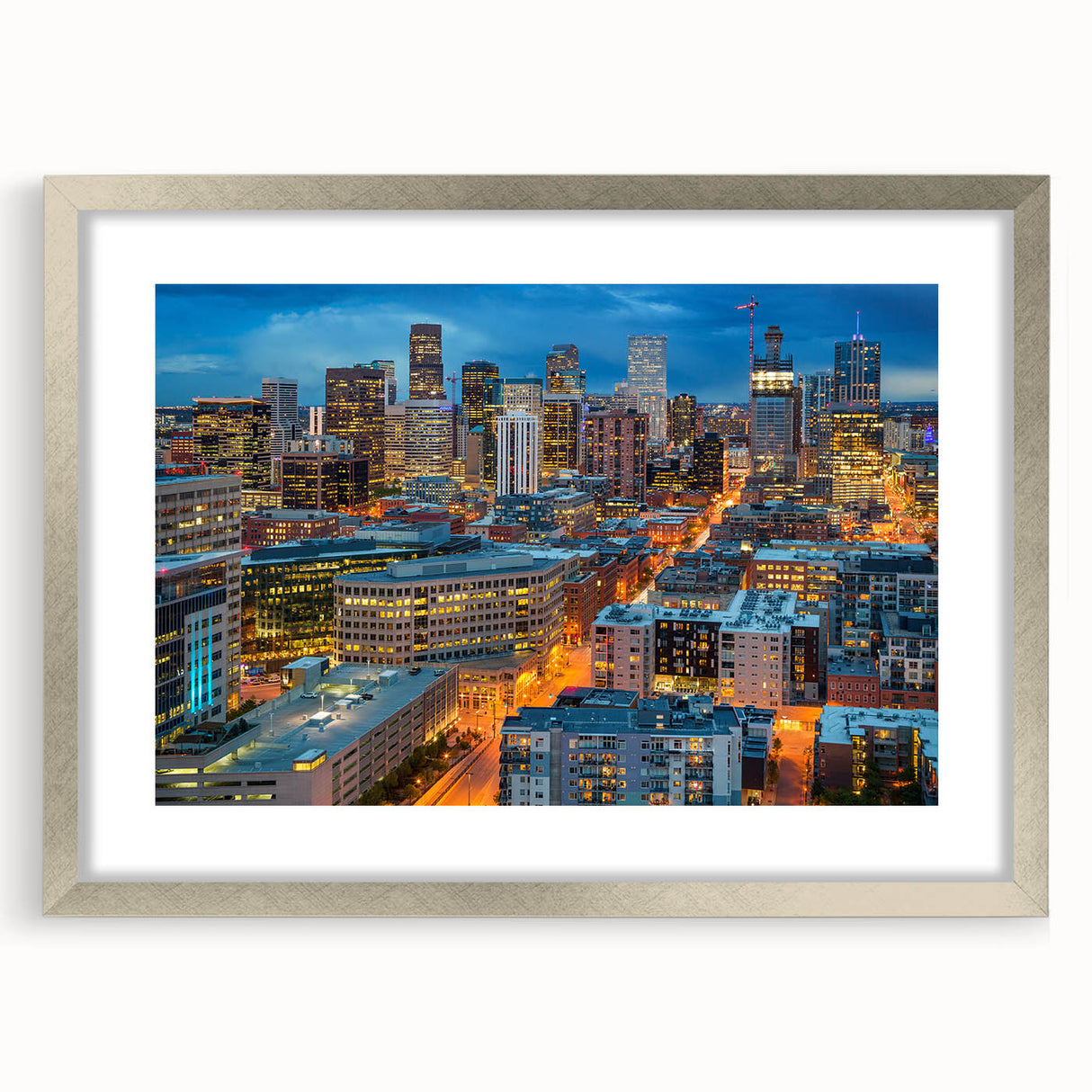 Textured abstract art print of Denver skyline in muted blue tones on a framed canvas, suitable for bedroom decor.