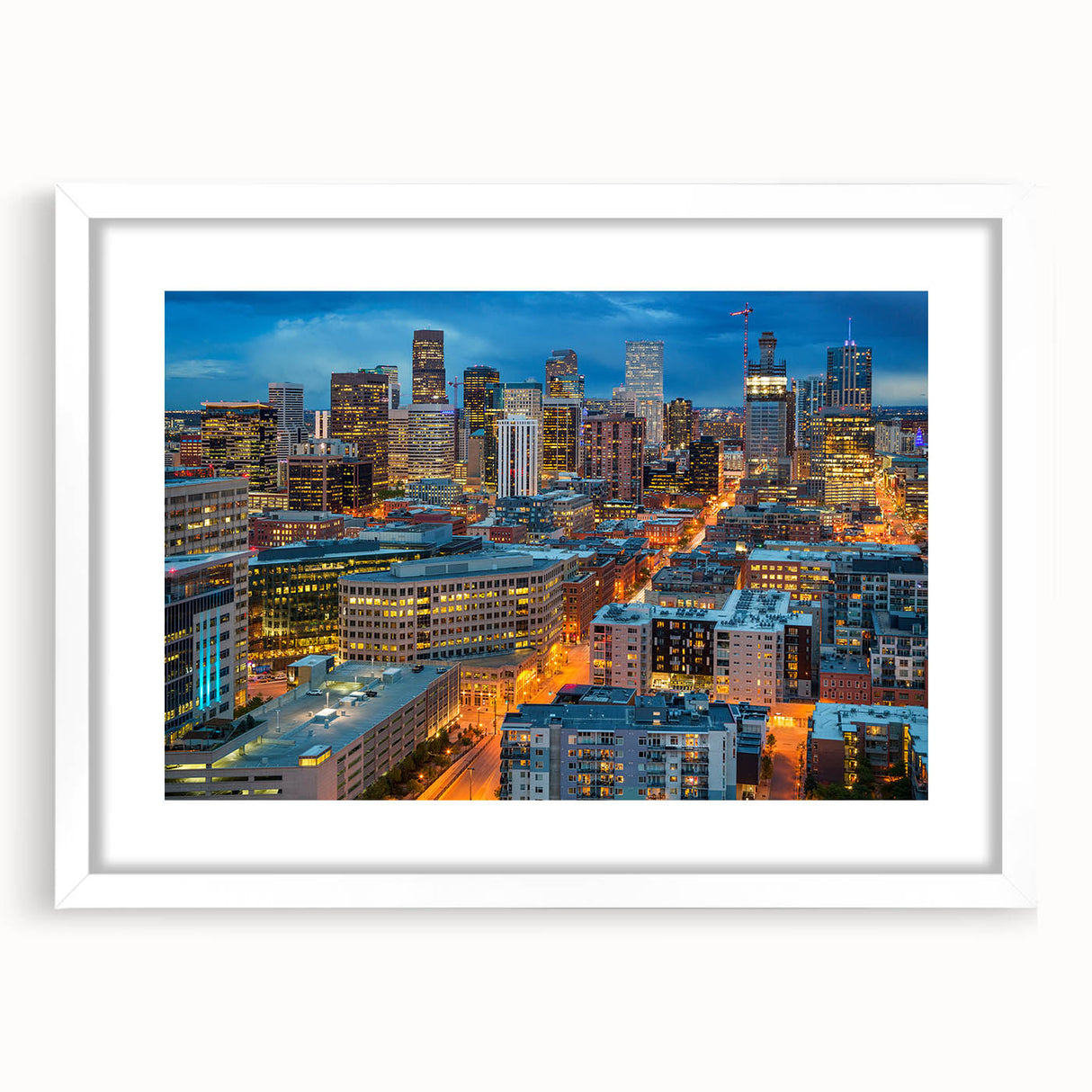 Abstract art print of Denver skyline in muted gray and blue tones on a framed canvas, ideal for dining room decor.