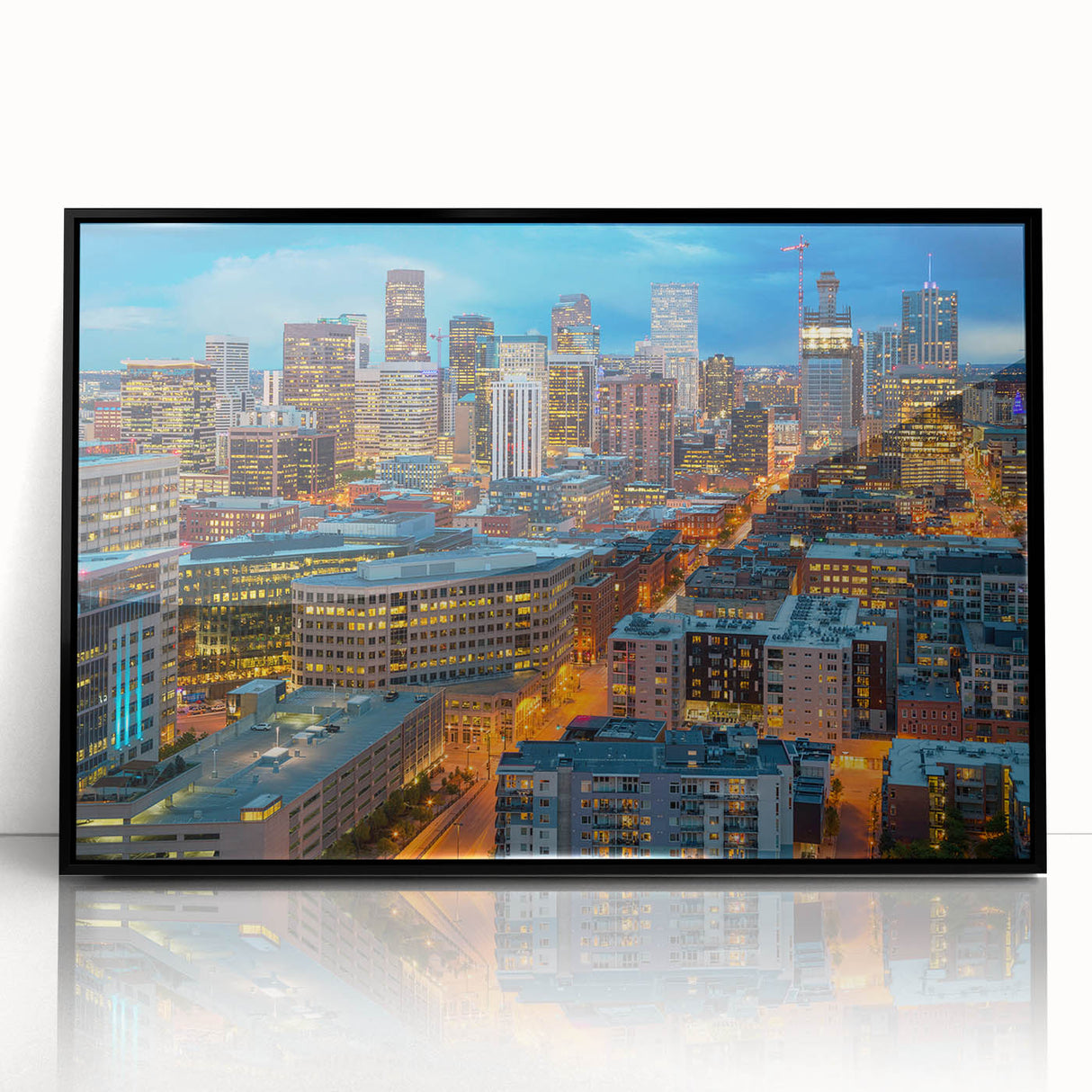 Large abstract wall art of Denver skyline in muted gray and blue tones on framed acrylic, ideal for modern living room decor.