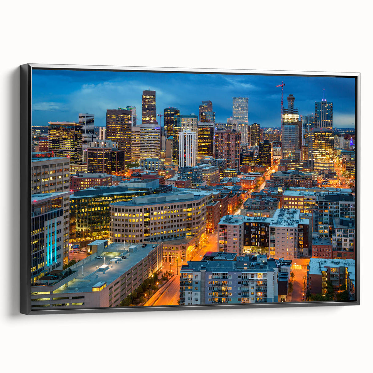 Black and white framed canvas of Denver landscape featuring vintage poster style, ideal for bedroom wall art.