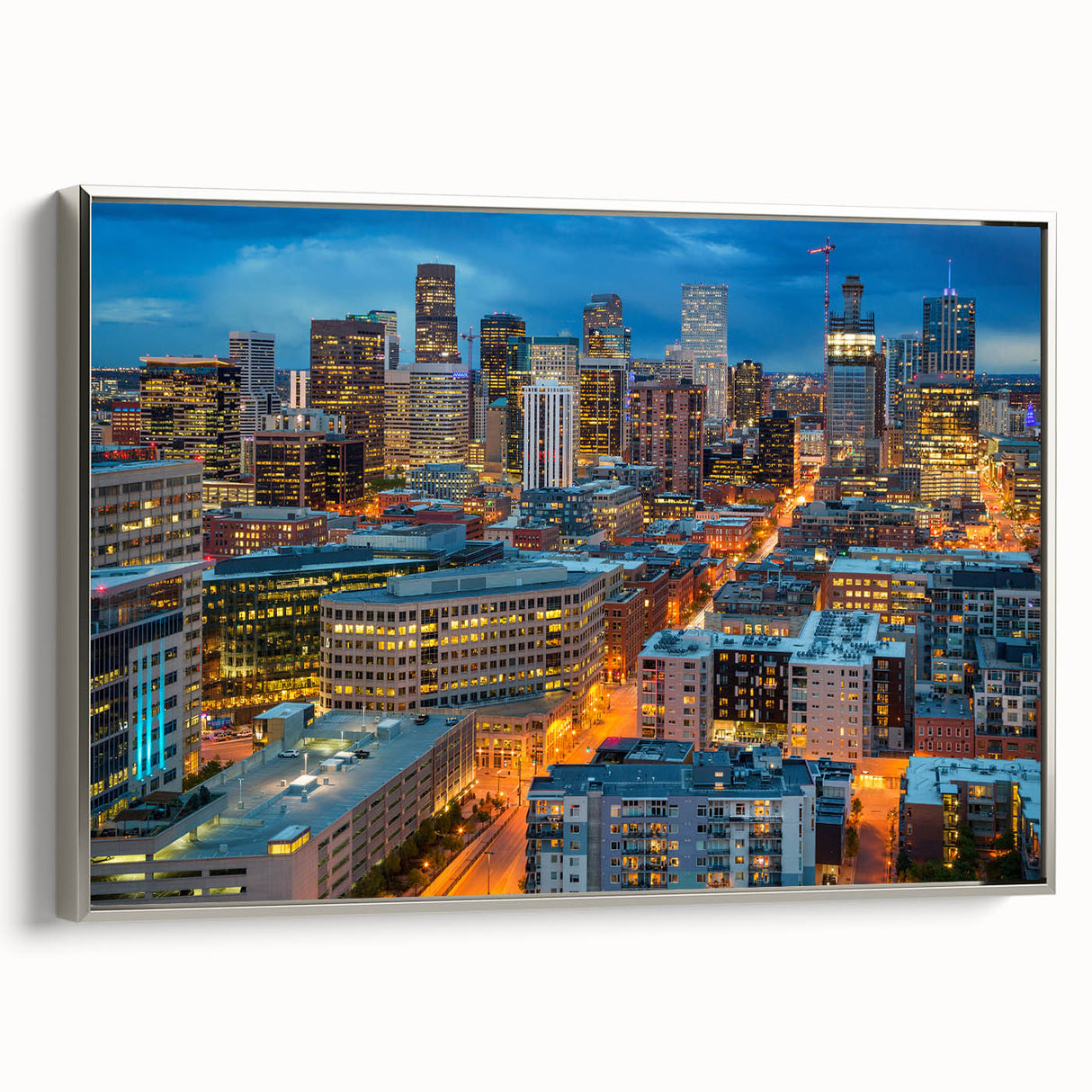Framed canvas depicting a vintage-style Denver landscape with colorful and black elements, ideal for living room decor.