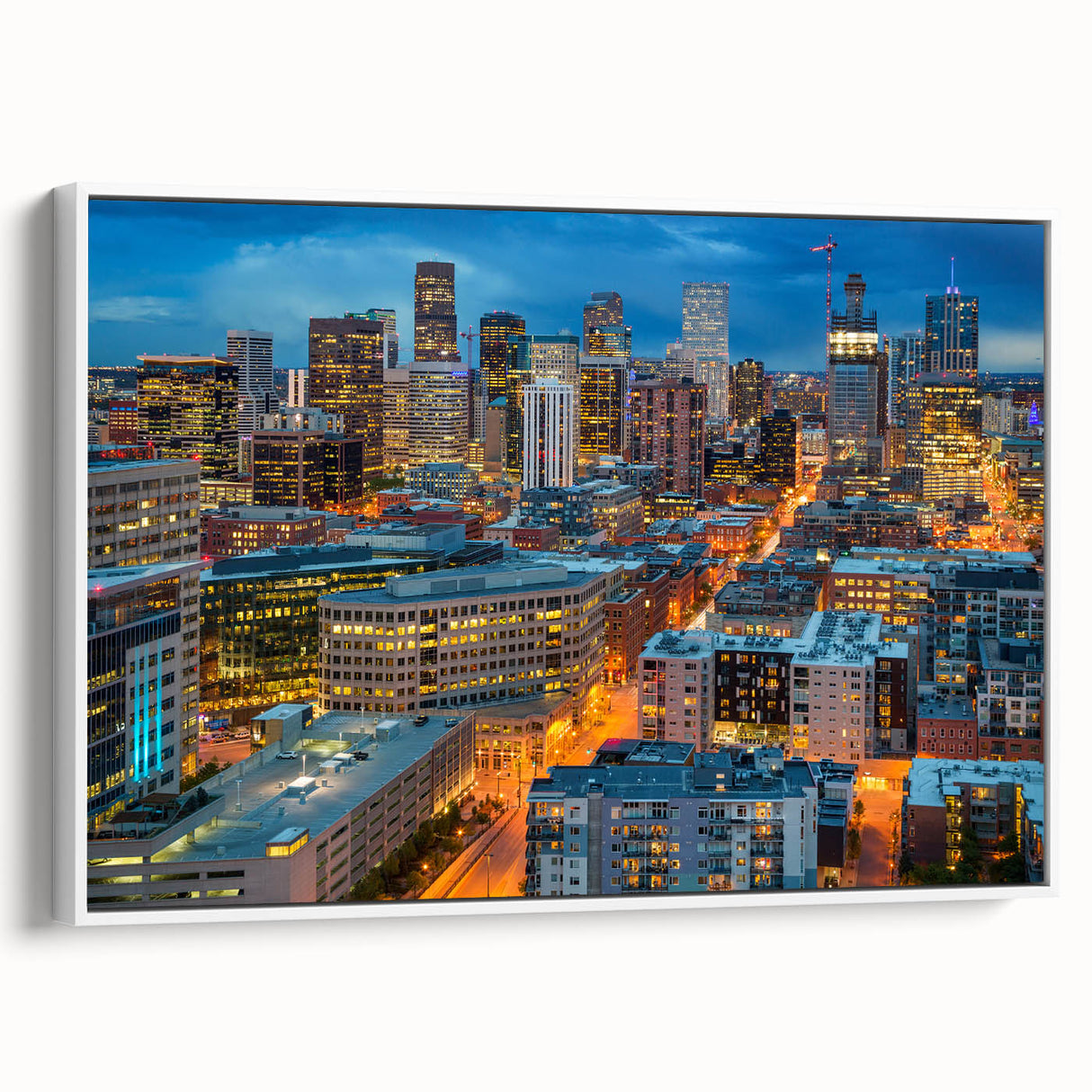 Vintage poster art of Denver skyline in vibrant colors on a framed canvas, suitable for living room decor.