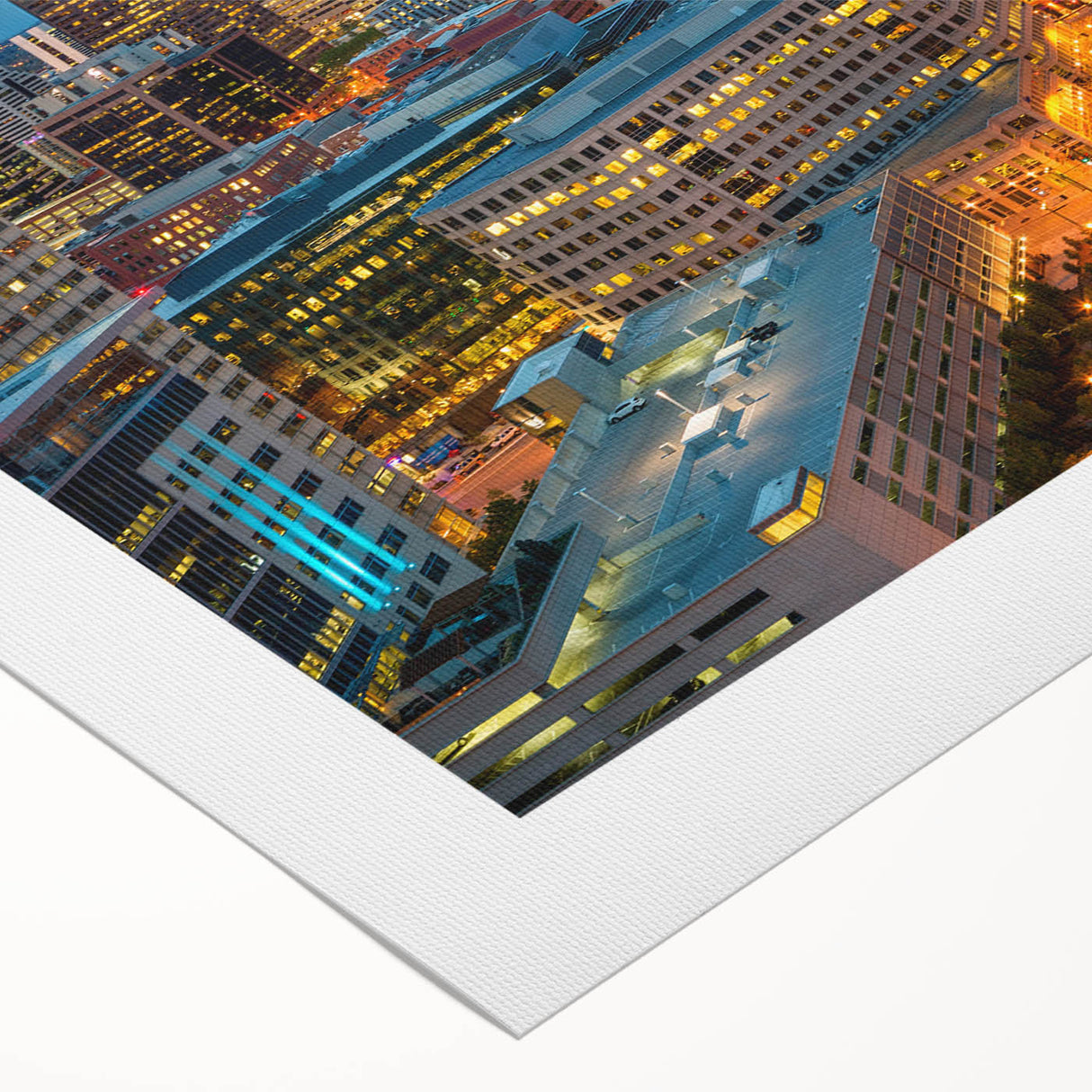 Art deco poster of Denver skyline in muted silver and blue tones on rolled canvas, suitable for dining room wall art.