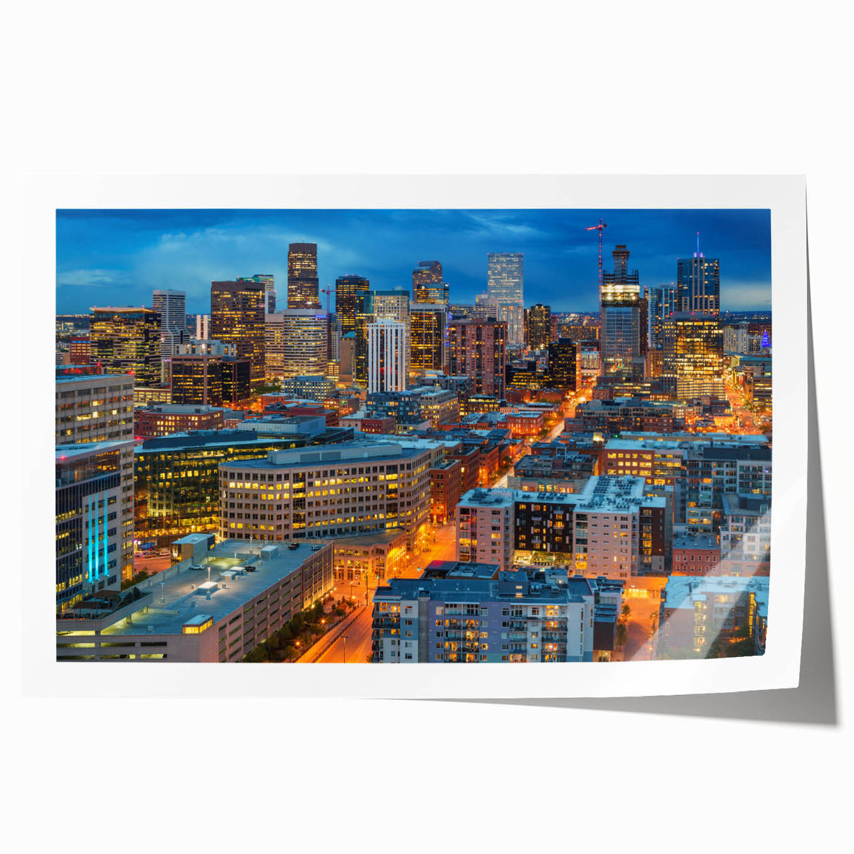 Denver cityscape in muted gray and blue tones on a large rolled canvas, ideal for art wall dining room.
