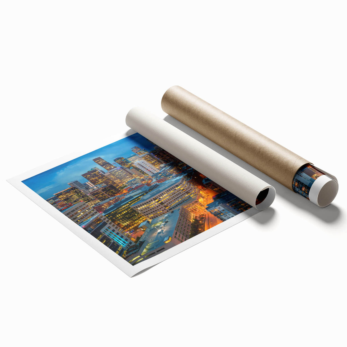 Extra large rolled print of Denver skyline with muted earth tones, ideal for classy bathroom wall art.