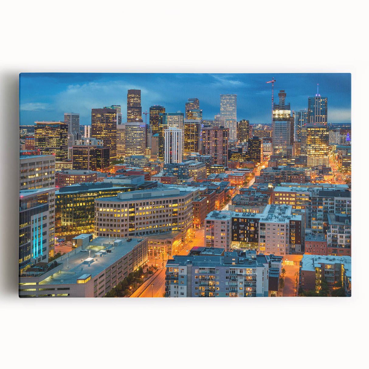 Black and white photo of Denver skyline on large stretched canvas, ideal for kitchen wall art.