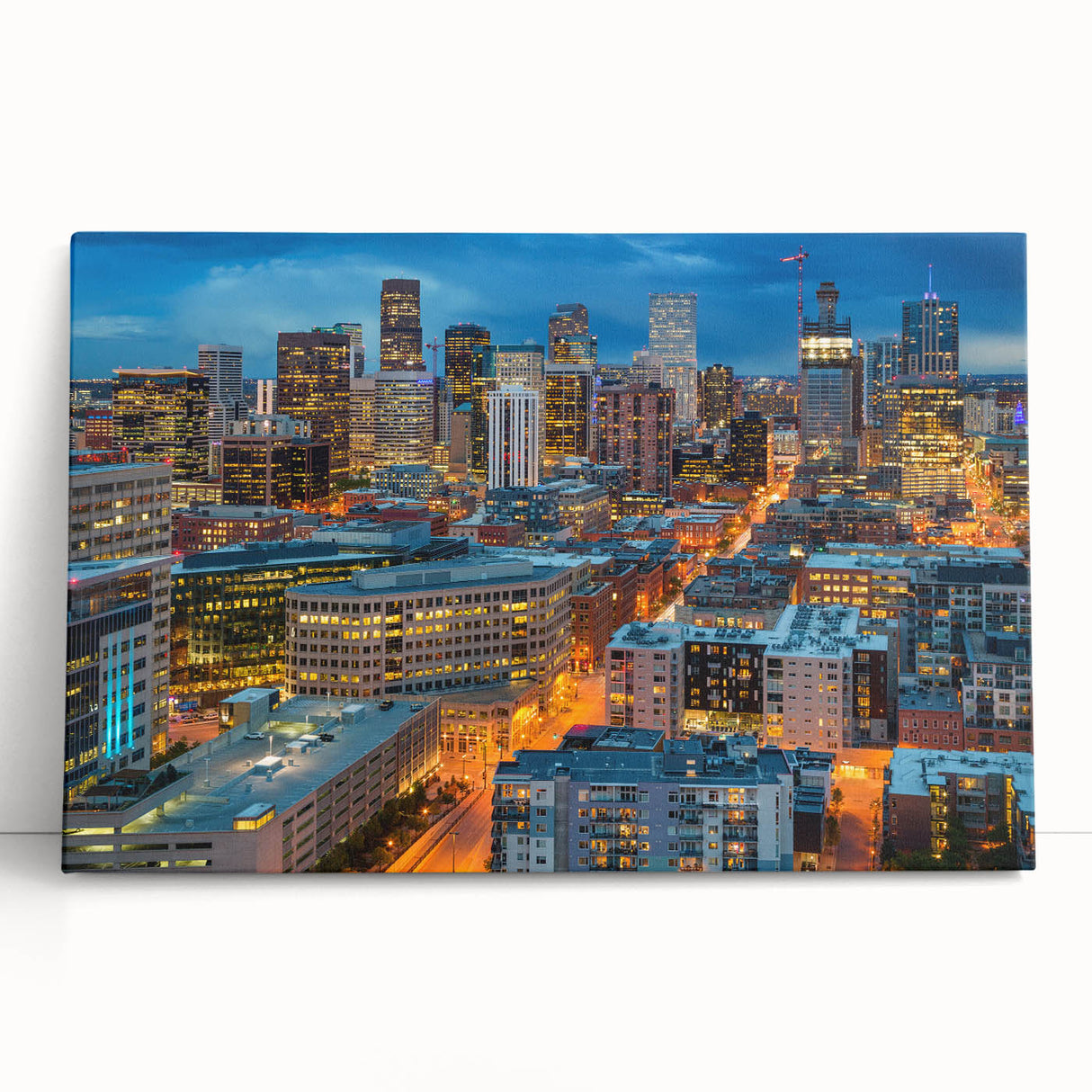 Black and white stretched canvas of Denver skyline, ideal for kitchen wall art or bedroom decor.