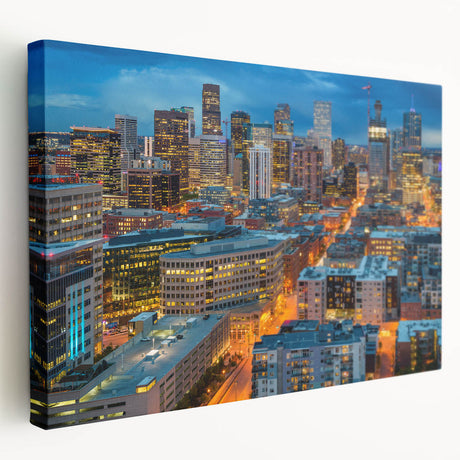 Denver skyline depicted in muted earth tones on a large stretched canvas, suitable for kitchen wall art.