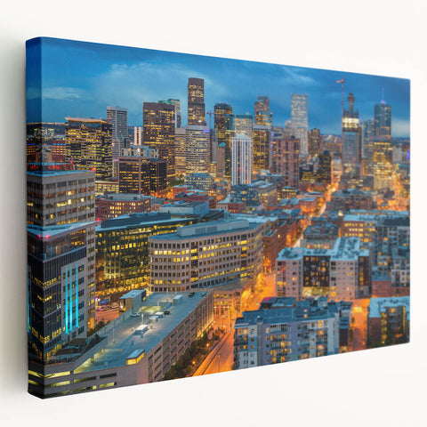 Denver skyline depicted in muted earth tones on a large stretched canvas, suitable for kitchen wall art.