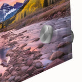 Large abstract depiction of Maroon Bells, Colorado, in muted earth tones on acrylic glass, suitable for dining room art.