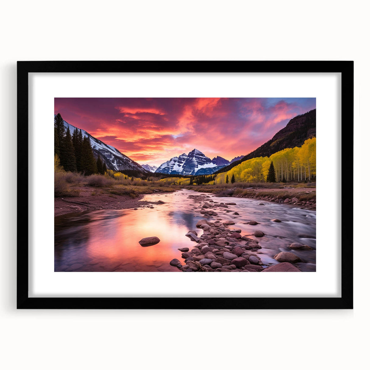 Colorful abstract art print of Maroon Bells, Colorado in vibrant hues on a textured, extra large canvas, framed in black.