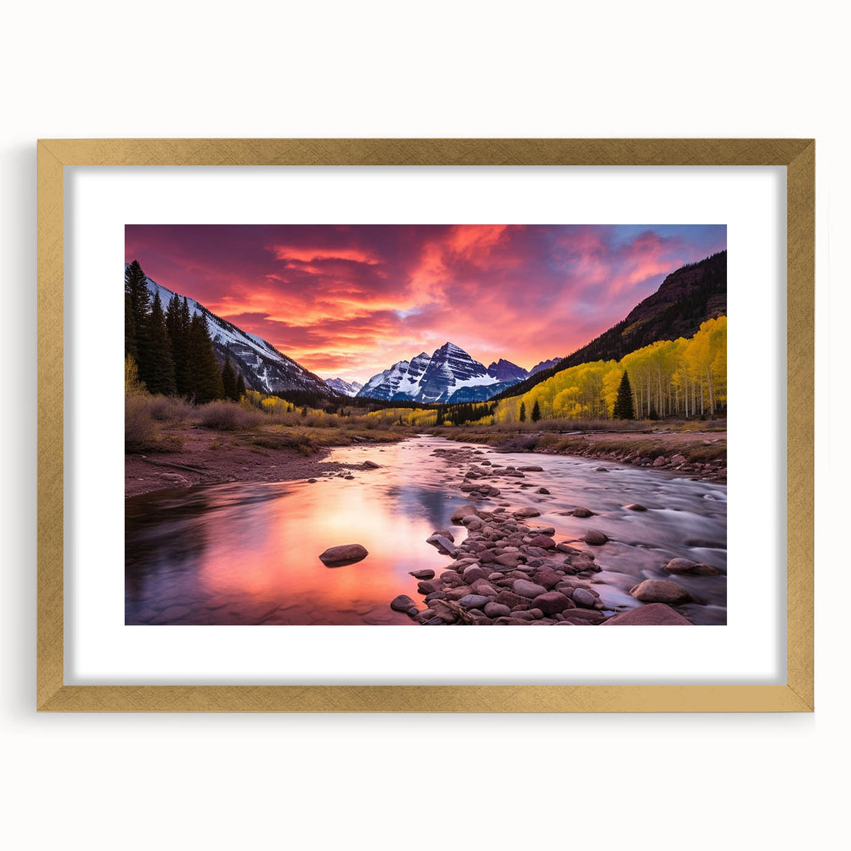 Extra large wall art of Maroon Bells, Colorado, featuring textured abstract prints in earth tones, framed in gold.