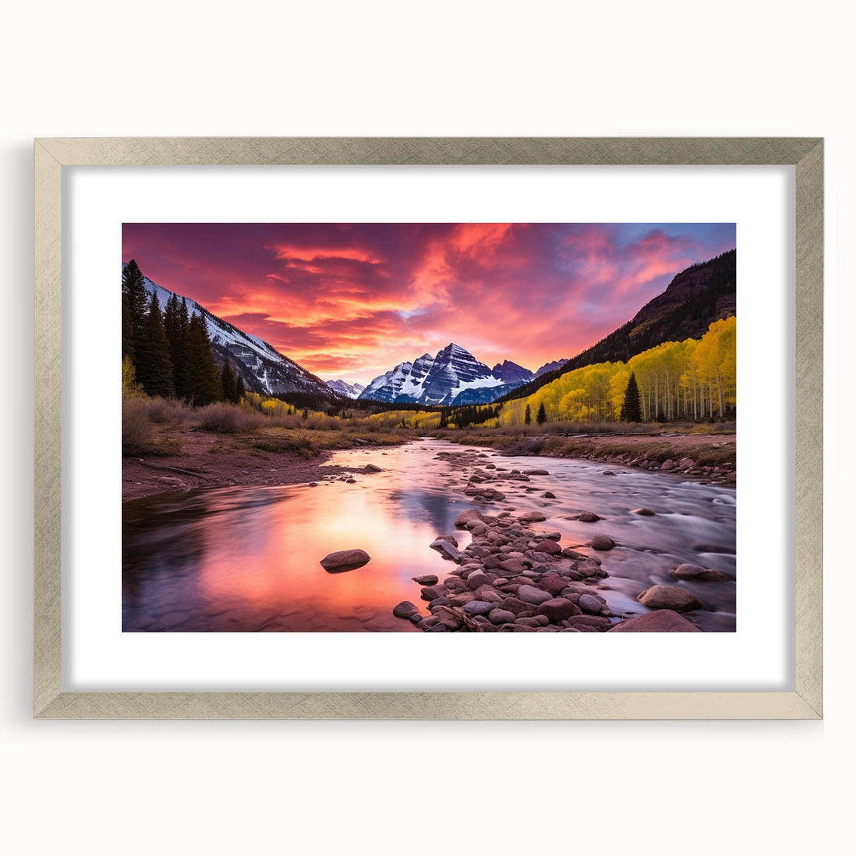 Textured art print of Maroon Bells, Colorado in autumn with vibrant orange and yellow leaves, framed in silver.