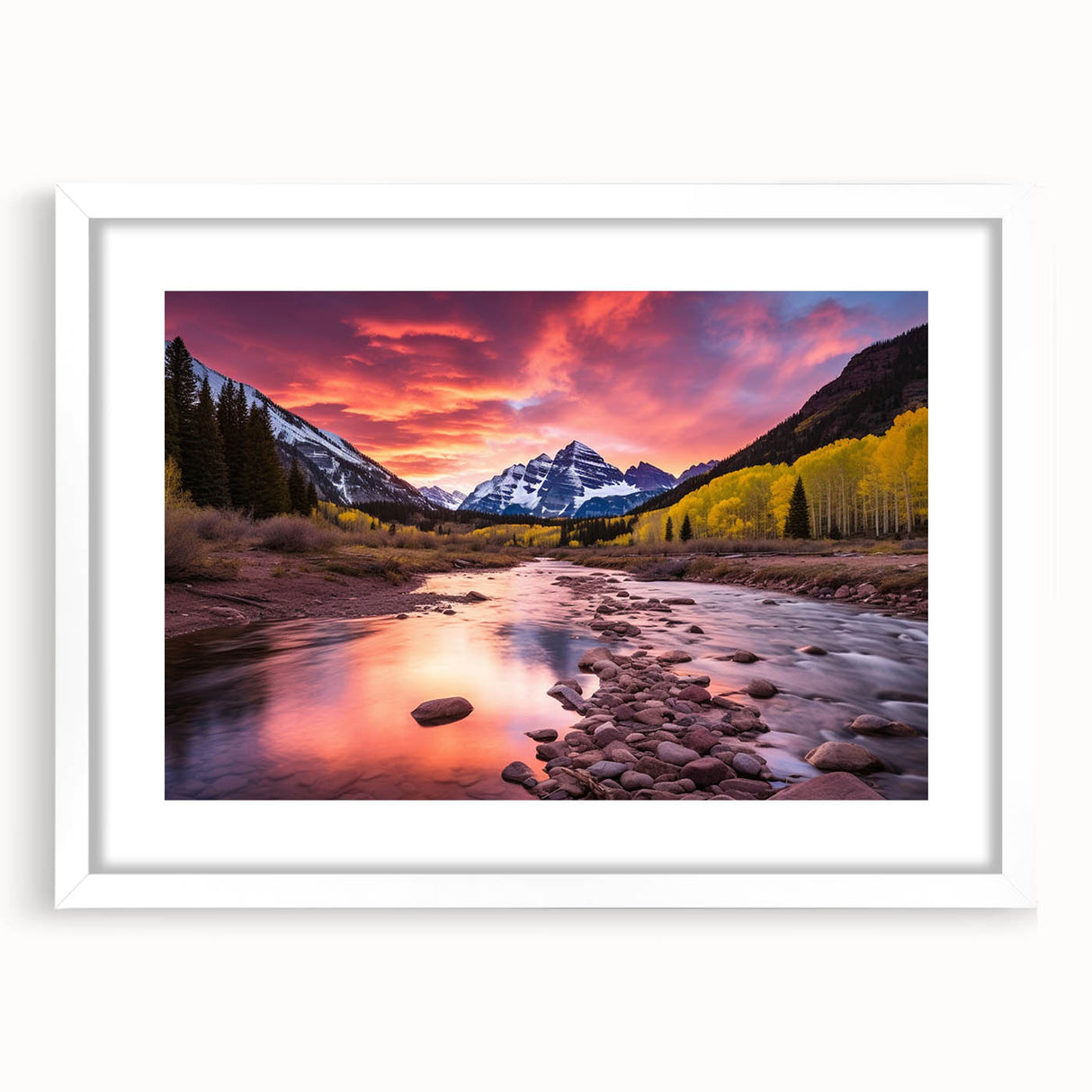 Abstract art print of Maroon Bells, Colorado, in muted earth tones on a framed white mat.