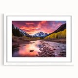 Abstract art print of Maroon Bells, Colorado, in muted earth tones on a framed white mat.