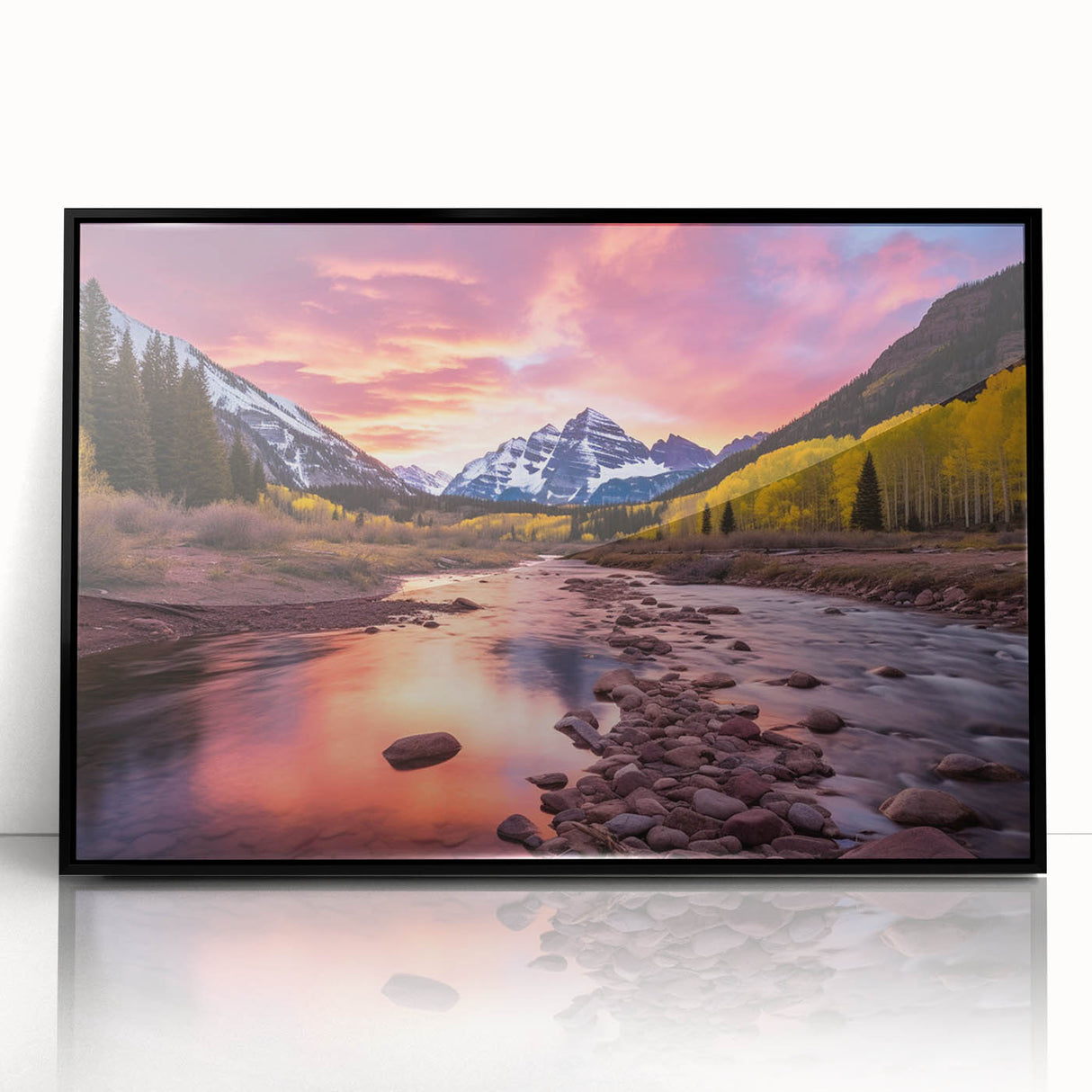 Large abstract wall art depicting Maroon Bells, Colorado in vibrant autumn colors on a framed acrylic.