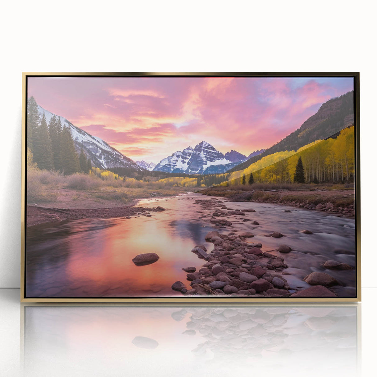 Large art print of Maroon Bells, Colorado in muted earth tones on framed acrylic, suitable for modern art wall decor.