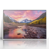 Acrylic print of Maroon Bells, Colorado in autumn with vibrant fall colors, framed in white.