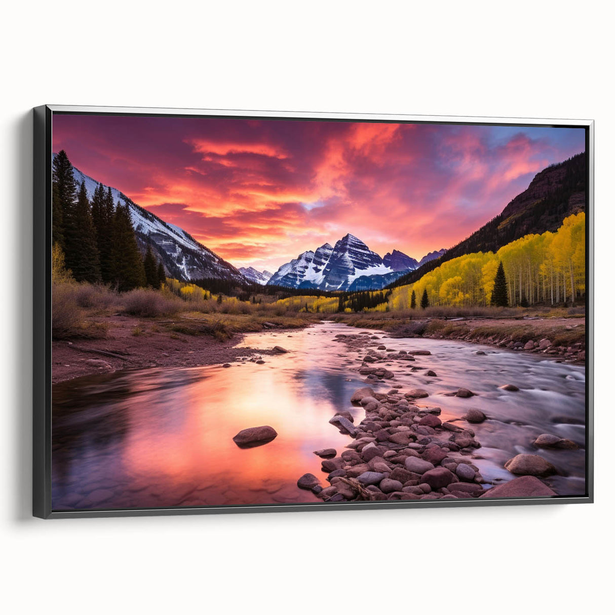 Black and white framed canvas depicting the Maroon Bells in Colorado, ideal for bedroom wall art.