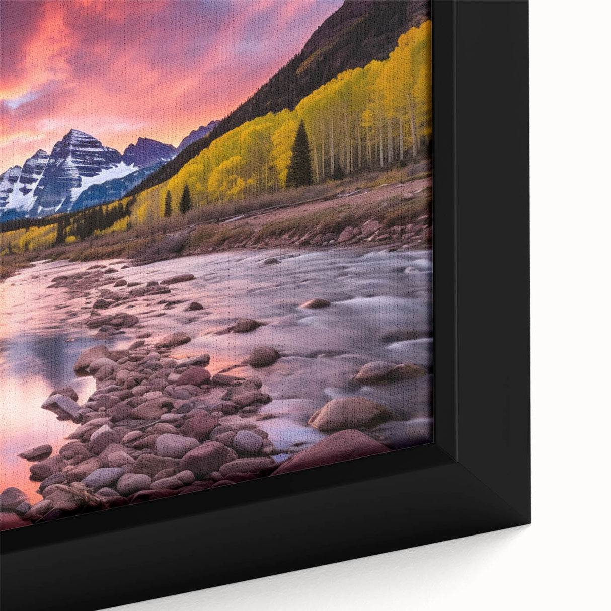 Close-up of a textured black wall art depicting Maroon Bells, Colorado, with vibrant colors on a framed canvas.
