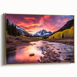 Framed canvas of Maroon Bells, Colorado with muted gold and black tones, ideal for bedroom wall art.
