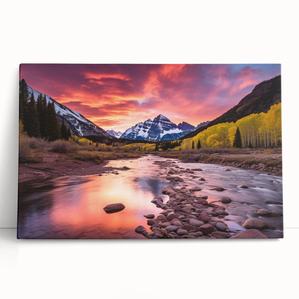 Black and white photograph of Maroon Bells, Colorado on large stretched canvas, ideal for kitchen or bedroom wall art.