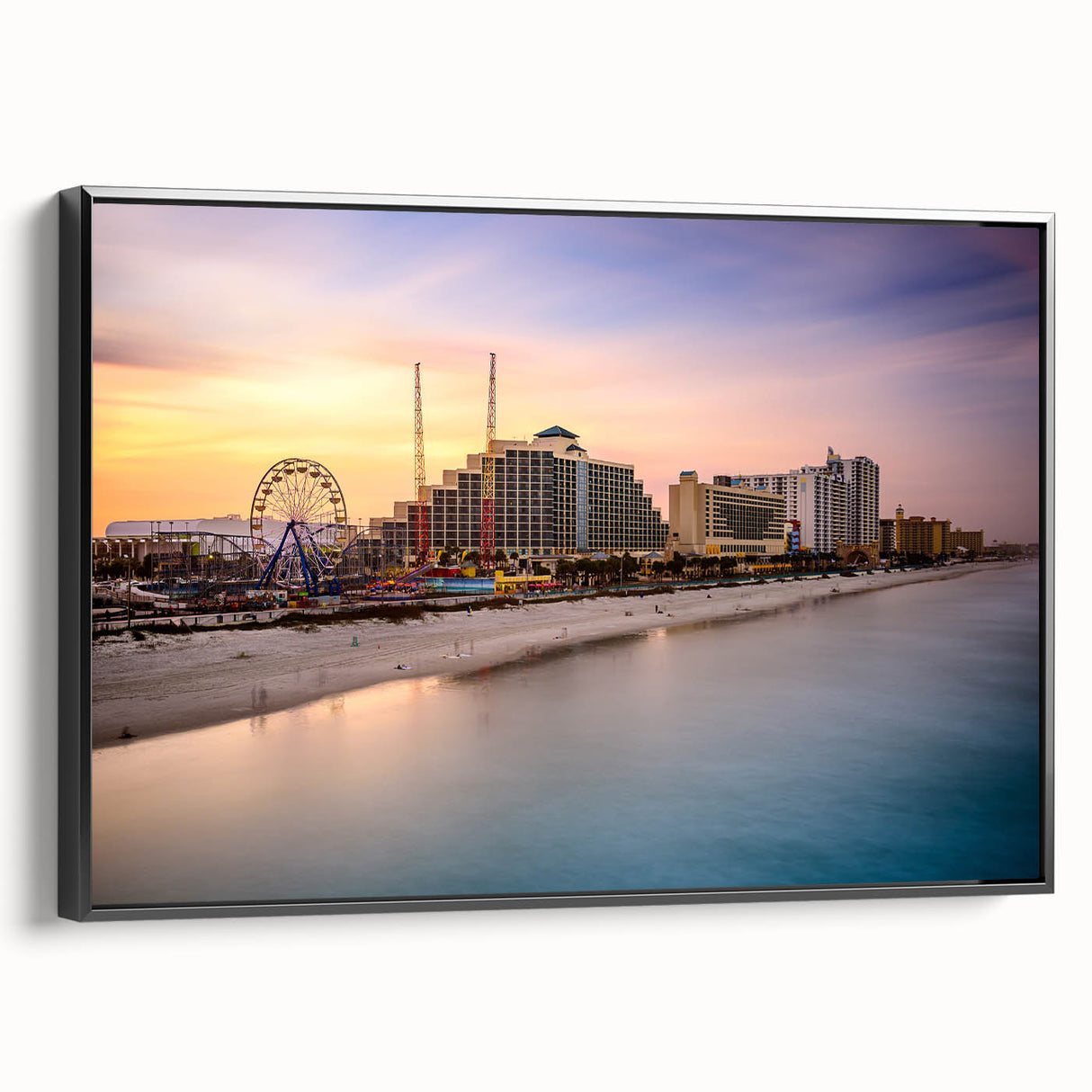 Black and white framed canvas of Daytona landscape with vintage poster art style, ideal for bedroom wall decor.