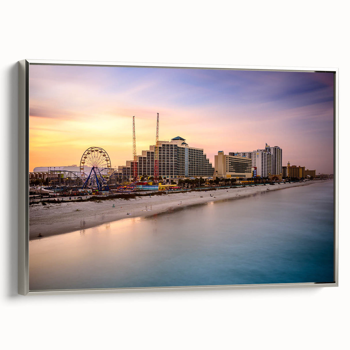 Framed canvas landscape art painting featuring Daytona with vintage poster style in black and colorful hues.