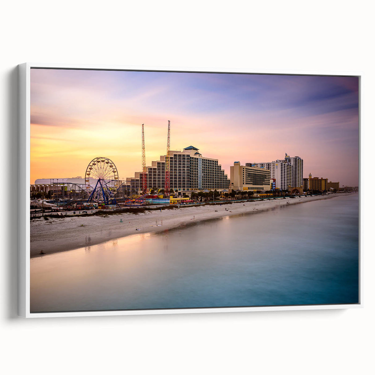 Vintage poster art of Daytona with colorful elements on a large framed canvas, suitable for living room decor.