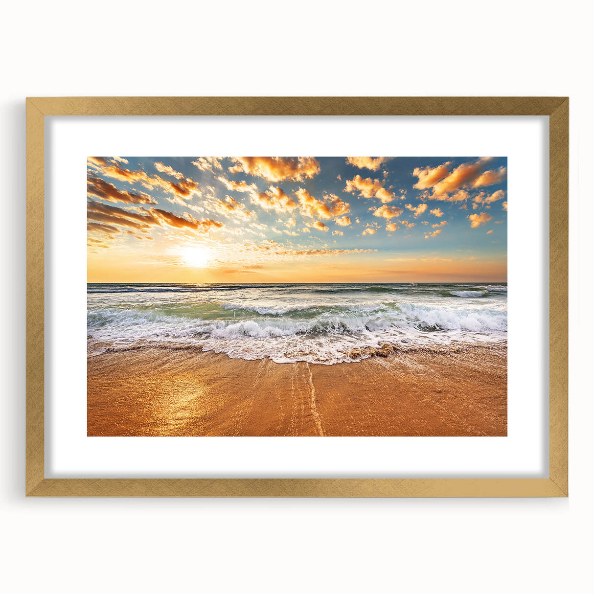Extra large abstract art print of Fort Lauderdale scenery in gold frame, featuring textured blue and green hues.